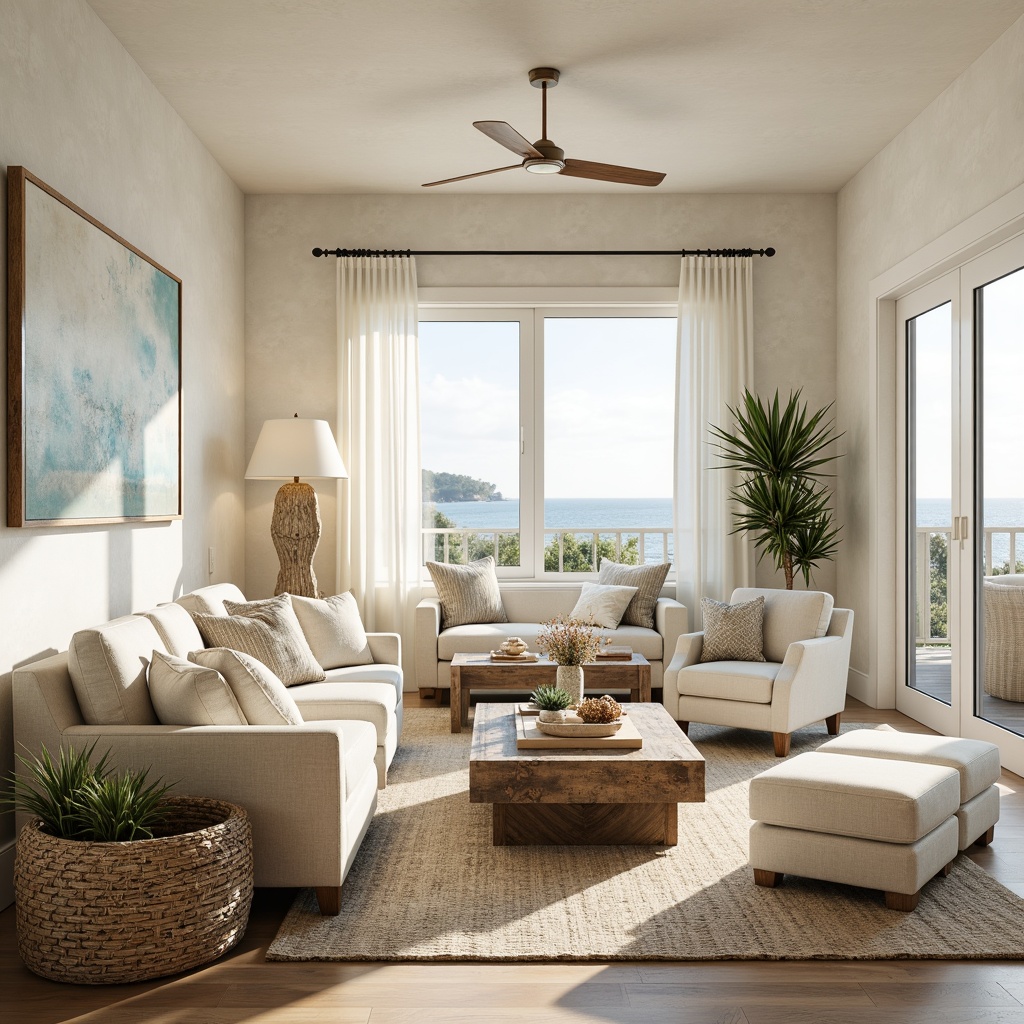 Prompt: Coastal living room, soft creamy whites, weathered wood accents, natural linen fabrics, driftwood coffee tables, woven sea grass baskets, ocean-inspired artwork, shell decorative accessories, floor-to-ceiling windows, sliding glass doors, warm sunny day, soft diffused lighting, table lamps with nautical ropes, pendant lights with glass shades, coastal-themed wallpaper, subtle beachy textures, 1/1 composition, relaxed casual atmosphere, warm beige tones.