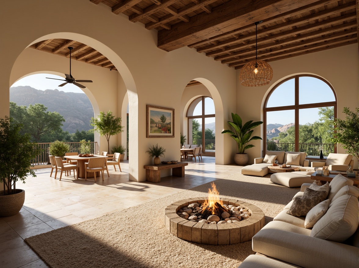 Prompt: Spacious great room, Mediterranean style, open floor plan, high ceilings, large windows, sliding glass doors, natural stone floors, rustic wooden beams, curved archways, warm earthy tones, soft cream-colored walls, comfortable plush furnishings, cozy fire pit, lush greenery, potted plants, warm sunny day, soft diffused lighting, 1/1 composition, realistic textures, ambient occlusion.