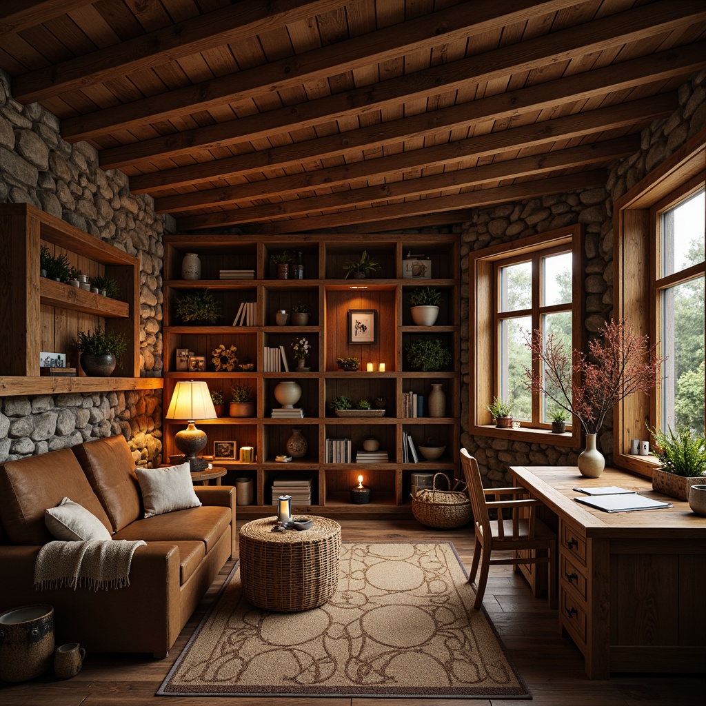 Prompt: Cozy rustic cabin, wooden accents, earthy tones, natural stone walls, vintage furniture, woven baskets, distressed wood textures, warm candlelight, soft blankets, plush rugs, organized bookshelves, functional workspaces, open storage compartments, metal lanterns, nature-inspired decor, autumnal color palette, 1/1 composition, shallow depth of field, realistic rendering.