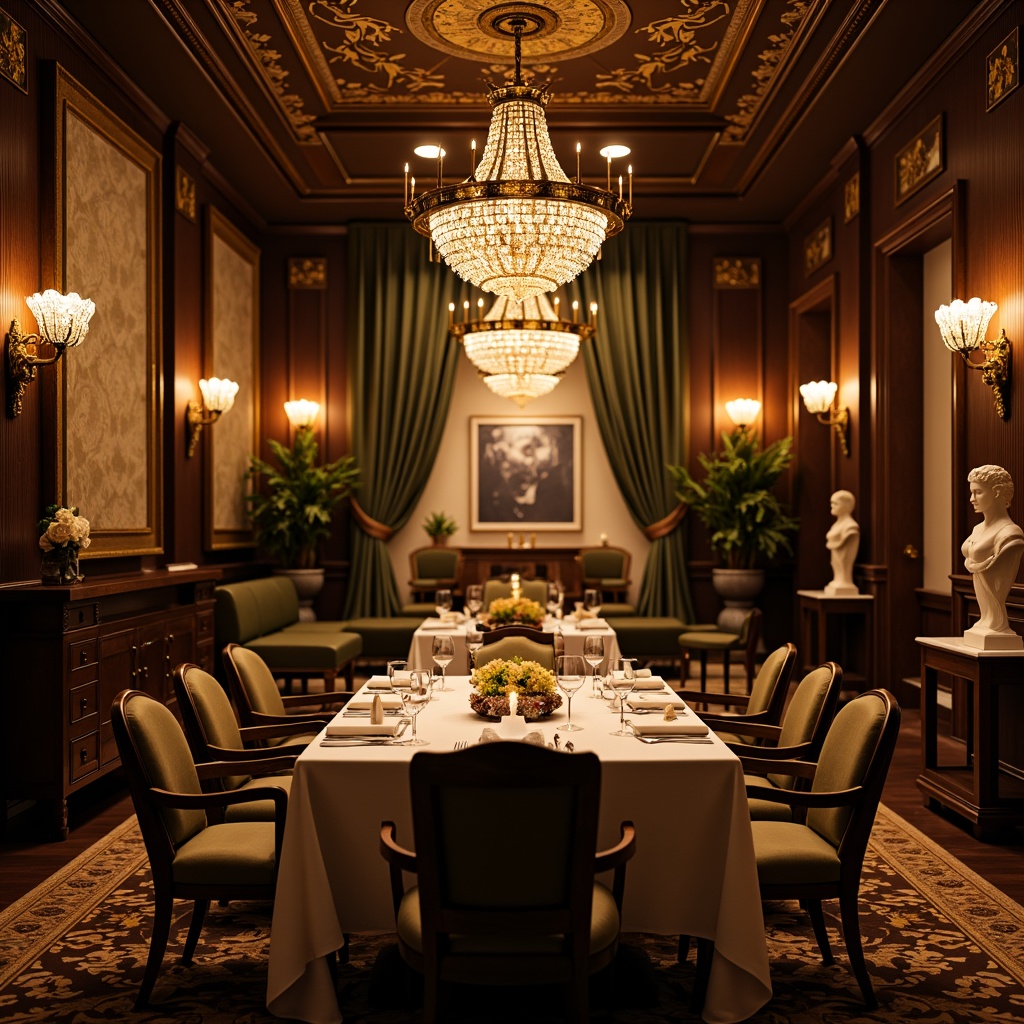 Prompt: Elegant dining room, luxurious chandeliers, crystal droplets, warm golden lighting, soft ambient glow, refined metalwork, ornate ceiling fixtures, sophisticated pendant lights, lavish candelabras, rich wood tones, velvety upholstery, fine artwork, plush area rugs, intimate seating arrangements, 1/1 composition, shallow depth of field, realistic textures.