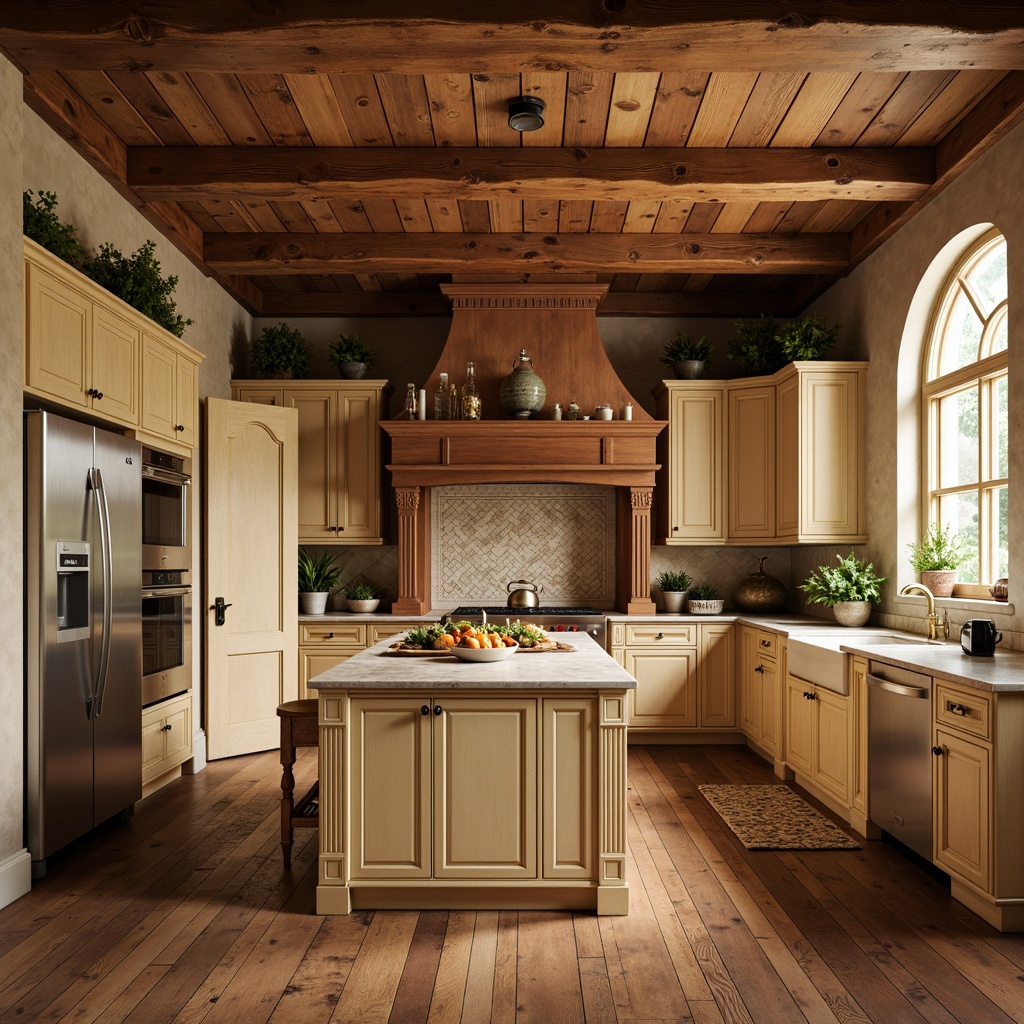 Prompt: Traditional kitchen, warm beige cabinets, ornate wooden island, elegant crown molding, polished marble countertops, intricate tile backsplash, soft golden lighting, rustic wooden floors, vintage appliances, farmhouse sink, natural stone walls, earthy color palette, organic textures, shallow depth of field, 1/1 composition, realistic reflections, ambient occlusion.