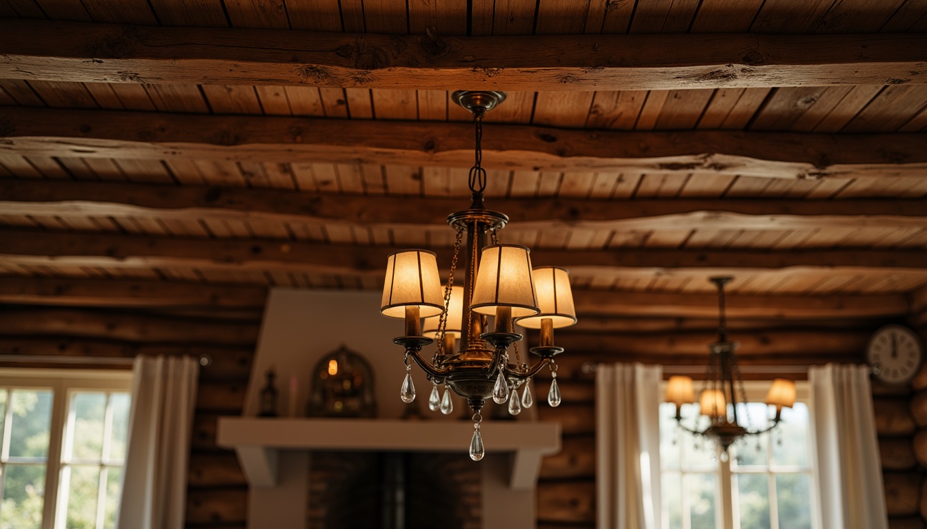 Prompt: Rustic chandelier, distressed wooden beams, soft warm glow, candle-style lanterns, vintage metalwork, ornate pendant lights, earthy terracotta tones, natural linen shades, elegant crystal drops, subtle bronze accents, countryside ambiance, cozy cabin atmosphere, afternoon sunlight, gentle shadows, 1/2 composition, intimate warm lighting.