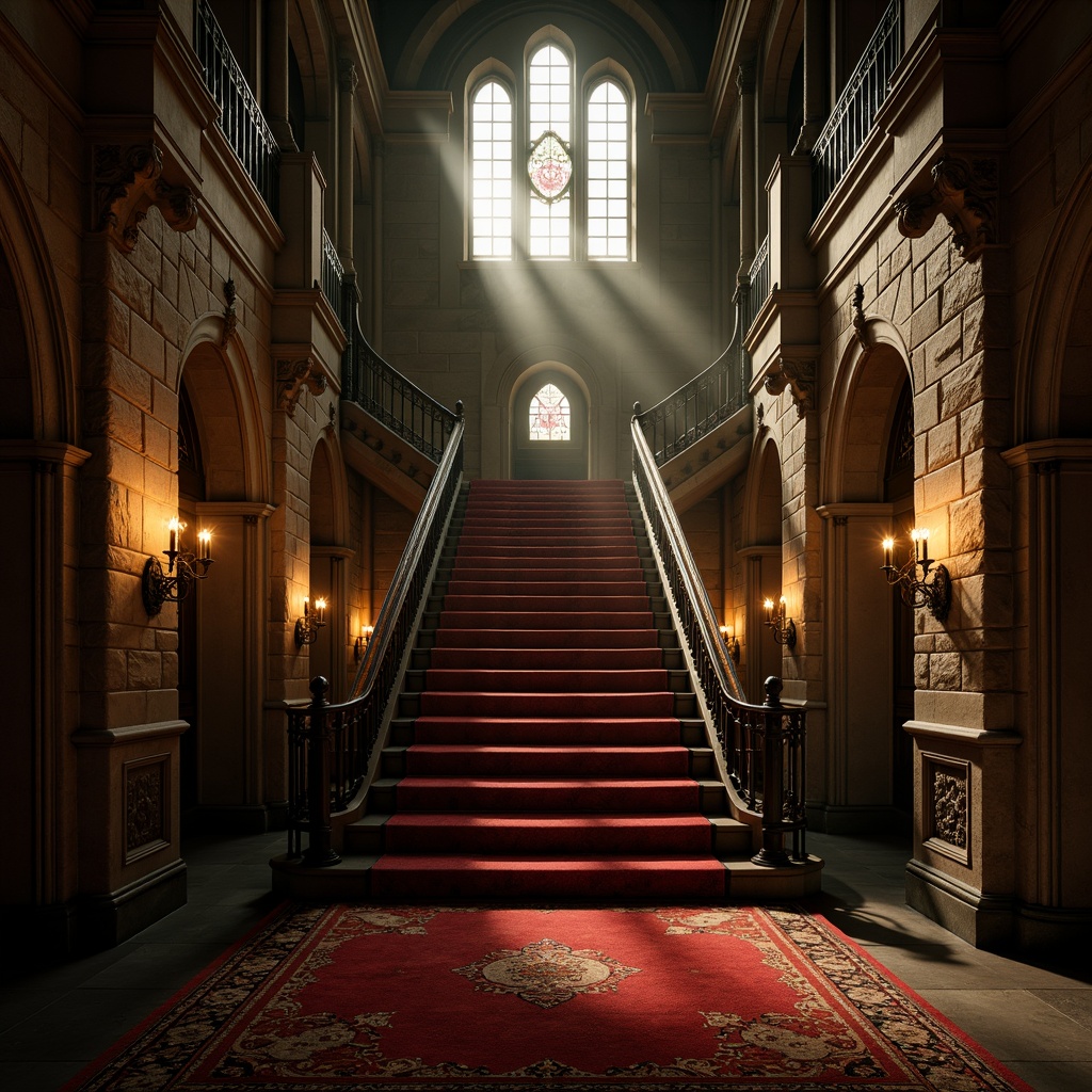 Prompt: Grandiose Gothic staircase, ornate stone carvings, mysterious dark tones, warm golden lighting, dramatic shadows, intricate ironwork, regal red velvet carpeting, imposing stone walls, vaulted ceilings, eerie misty atmosphere, subtle fog effects, soft box lighting, 1/2 composition, cinematic perspective, realistic textures, ambient occlusion.