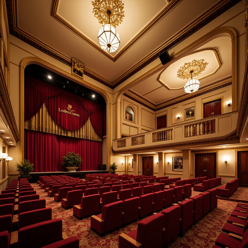 Prompt: Luxurious theater interior, rich velvet curtains, golden ornate details, warm beige walls, plush red seating, soft cream-colored ceiling, dramatic spotlighting, majestic chandeliers, intricate moldings, ornamental railings, lavish carpeting, sumptuous drapery, vibrant crimson accents, sophisticated neutral tones, elegant typography, subtle patterned upholstery, refined acoustic panels, intimate atmosphere, warm soft lighting, 1/2 composition, shallow depth of field, realistic textures.