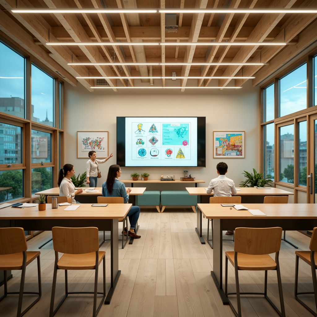 Prompt: Vibrant learning space, warm beige walls, rich wood accents, calming blue-green hues, interactive whiteboards, colorful educational charts, ergonomic furniture, natural textiles, soft ambient lighting, shallow depth of field, 3/4 composition, panoramic view, realistic textures, ambient occlusion.