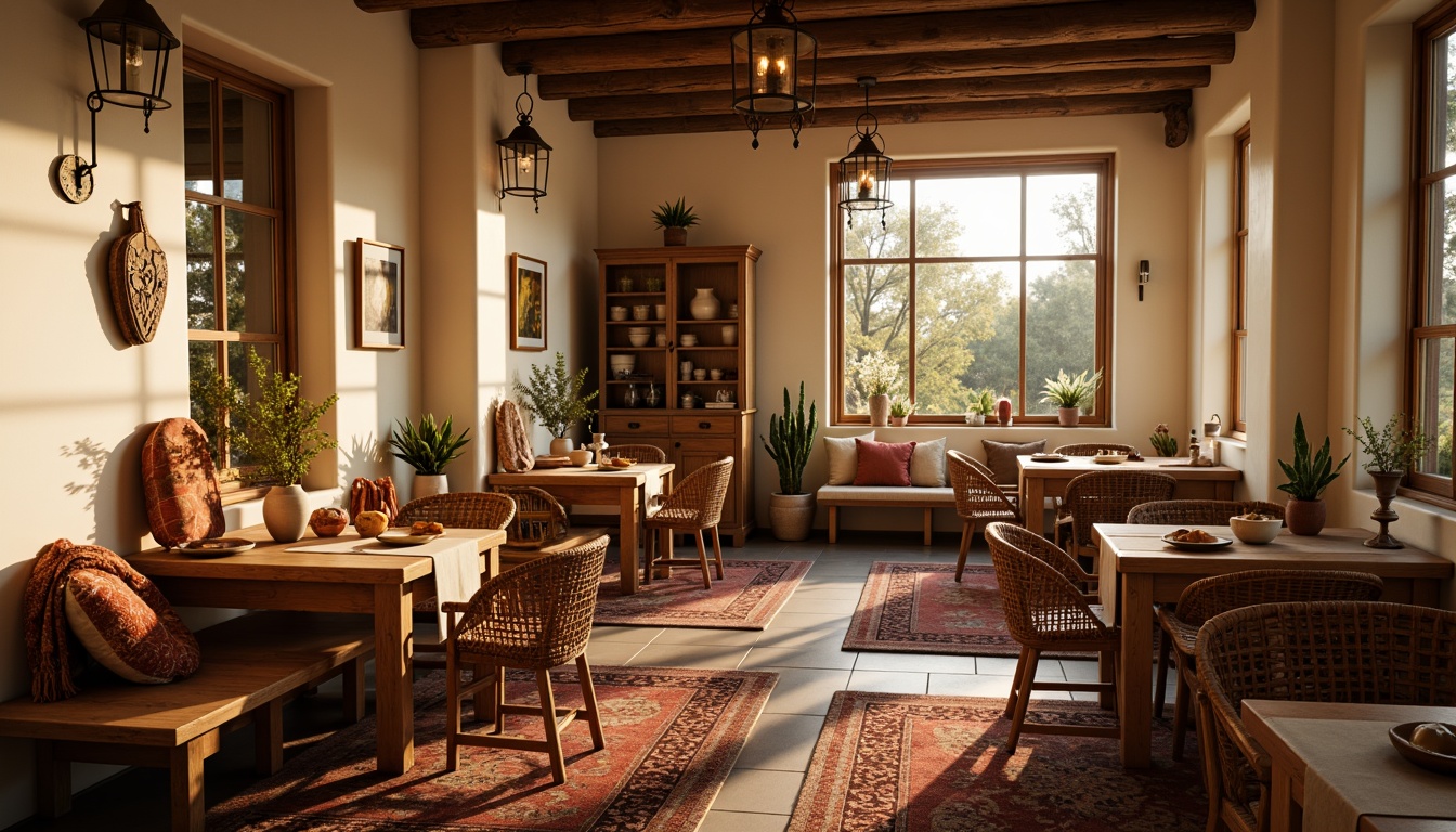 Prompt: Cozy dining area, warm ambient lighting, plush throw blankets, soft velvet cushions, natural wood furniture, earthy tone ceramics, woven wicker chairs, rustic metal decorations, vintage-inspired pendant lamps, creamy white walls, richly textured rugs, autumnal color palette, inviting atmosphere, intimate seating arrangements, 1/2 composition, shallow depth of field, warm golden lighting.