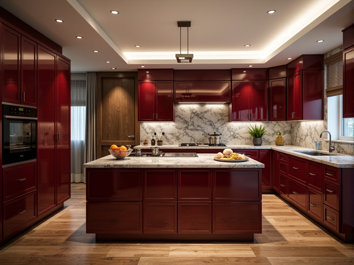 Prompt: Luxurious kitchen, burgundy cabinets, marble countertops, polished chrome fixtures, modern LED lighting, sleek island design, high-gloss finish, rich wood flooring, sophisticated color palette, elegant curves, refined architectural details, subtle texture contrast, warm ambient lighting, shallow depth of field, 1/1 composition, realistic reflections.