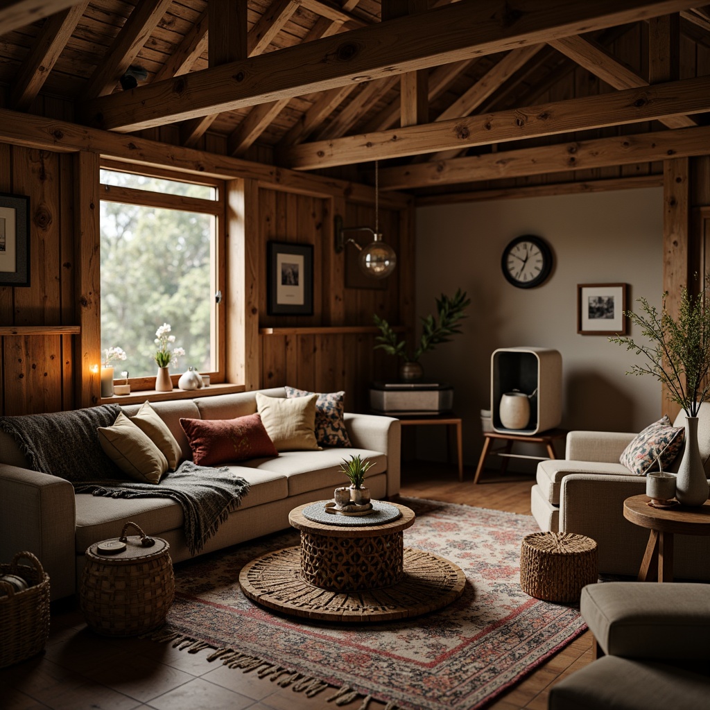 Prompt: Cozy cabin, wooden accents, earthy tones, natural fabrics, woven baskets, handmade crafts, distressed finishes, vintage decorations, warm candlelight, rustic metalware, plush throw blankets, soft velvety textures, organic patterns, botanical prints, muted color palette, traditional craftsmanship, ornate wood carvings, rich leathers, ambient warm lighting, shallow depth of field, 2/3 composition, intimate atmosphere, realistic materials, subtle noise textures.