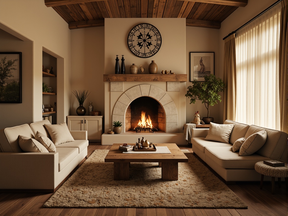 Prompt: Cozy living room, warm beige walls, soft cream-colored textures, natural stone accents, wooden flooring, plush area rugs, comfortable sofas, rustic wooden coffee tables, vintage decorative objects, ambient dim lighting, warm golden tones, 3/4 composition, shallow depth of field, realistic wood grain textures, subtle shadowing.