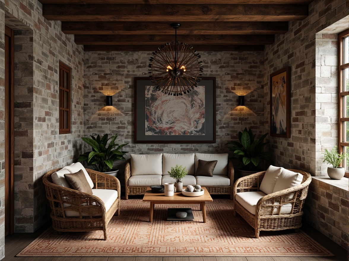 Prompt: Weathered wooden planks, rusty metal accents, distressed stone walls, moss-covered bricks, vintage ceramic tiles, woven wicker furniture, soft velvety carpets, intricate geometric patterns, subtle gradient effects, realistic ambient occlusion, detailed normal maps, high-frequency detail textures.