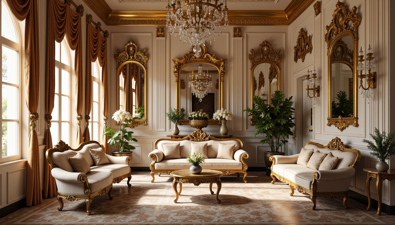 Prompt: Ornate rococo-style palace, intricately carved wooden furniture, gilded gold accents, soft velvet upholstery, ornamental mirrors, crystal chandeliers, curved lines, delicate florals, pastel color palette, luxurious fabrics, tufted sofas, cabriole legs, marble floors, lavish drapery, rich textures, warm golden lighting, 1/1 composition, intimate atmosphere, realistic reflections.