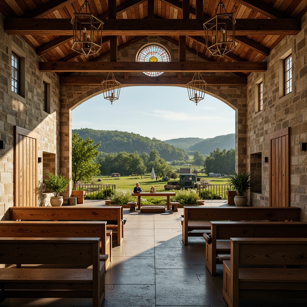 Prompt: Rustic chapel, wooden pews, stone walls, vaulted ceilings, grandiose chandeliers, stained glass windows, serene countryside, rolling hills, lush greenery, wildflowers, vintage farm equipment, weathered barn doors, distressed wood textures, soft natural lighting, warm beige colors, earthy tones, peaceful atmosphere, shallow depth of field, 3/4 composition, panoramic view, realistic textures, ambient occlusion.