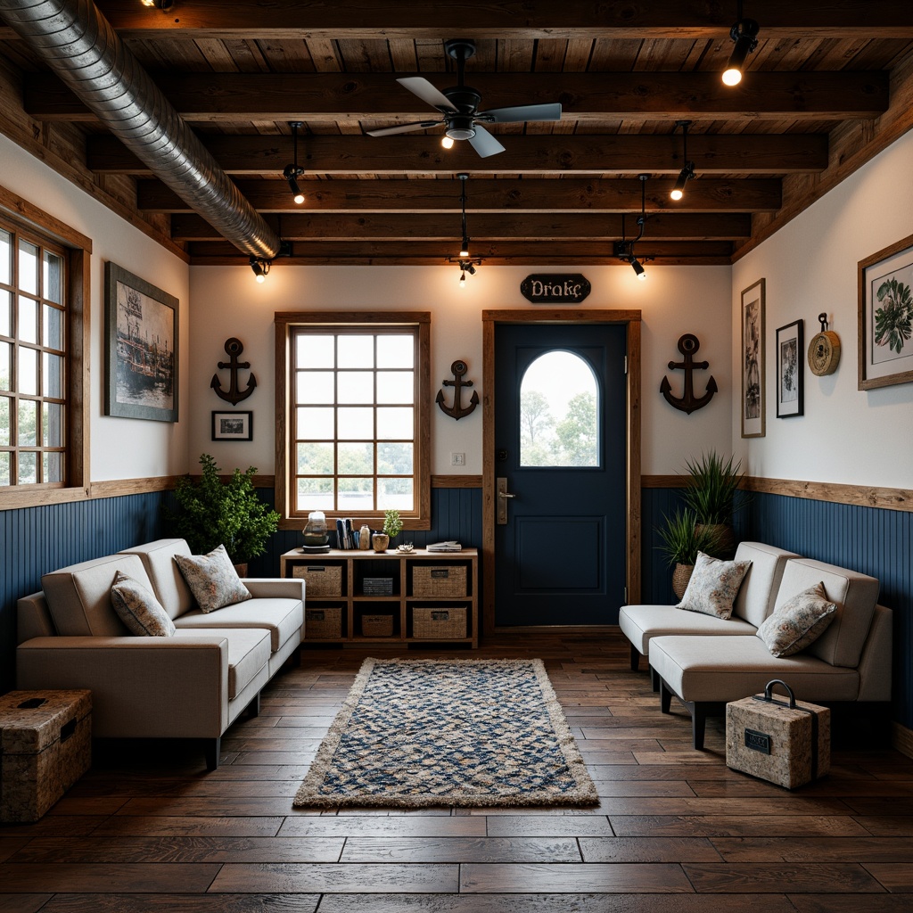 Prompt: Cozy basement, rustic wood accents, vintage nautical decorations, distressed wooden crates, fishing net-patterned rugs, anchor-shaped lighting fixtures, navy blue and white color scheme, porthole-style windows, industrial metal beams, reclaimed wood flooring, soft warm lighting, shallow depth of field, 1/1 composition, realistic textures, ambient occlusion.