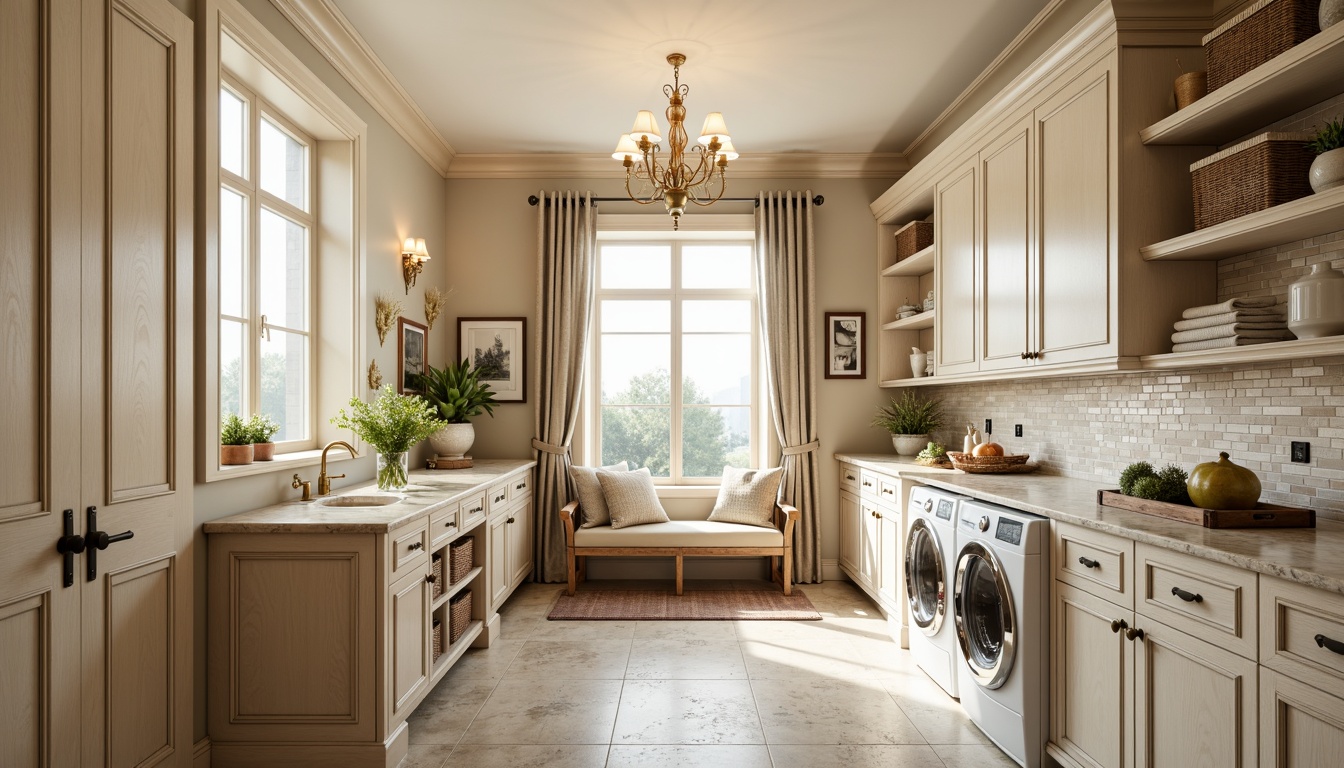 Prompt: Elegant laundry room, ornate moldings, soft cream colors, rich wood cabinets, antique brass fixtures, marble countertops, decorative tile backsplashes, luxurious chandeliers, ample storage spaces, sliding shelves, hidden compartments, wicker baskets, linen closets, built-in ironing boards, cleverly designed folding tables, natural stone flooring, warm ambient lighting, 1/1 composition, soft focus, realistic textures.