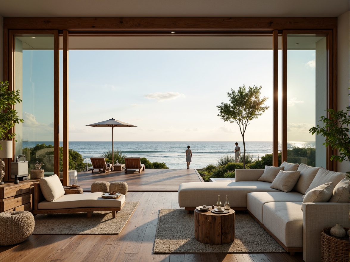 Prompt: Serene ocean views, calm beach atmosphere, natural wood accents, driftwood furniture, nautical ropes, shells decorations, soft blue-green color palette, minimalist decor, floor-to-ceiling windows, sliding glass doors, indoor-outdoor connections, spacious open layout, curved lines, organic shapes, woven textiles, linen fabrics, natural fiber rugs, reclaimed wood flooring, beach-inspired artwork, ambient lighting, warm sunset glow, shallow depth of field, 3/4 composition, panoramic view, realistic textures, subtle ocean breeze sounds.