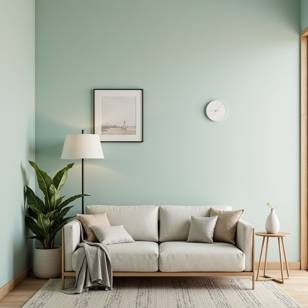 Prompt: Soft mint walls, creamy whites, pale blues, warm beiges, gentle grays, natural wood accents, velvet textiles, linen fabrics, matte black metals, minimalist decor, modern furniture, sleek lines, subtle patterns, calming ambiance, softbox lighting, 1/1 composition, shallow depth of field, realistic renderings.