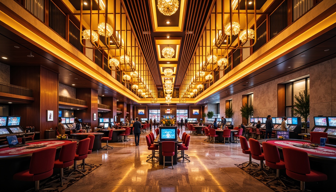 Prompt: Vibrant casino atmosphere, luxurious chandeliers, dynamic LED lights, glossy marble floors, sleek metal accents, rich wood tones, lavish furnishings, opulent decorations, grand high ceilings, spacious open areas, dramatic spotlighting, warm golden lighting, soft ambient glow, 3/4 composition, shallow depth of field, realistic reflections, cinematic color grading.