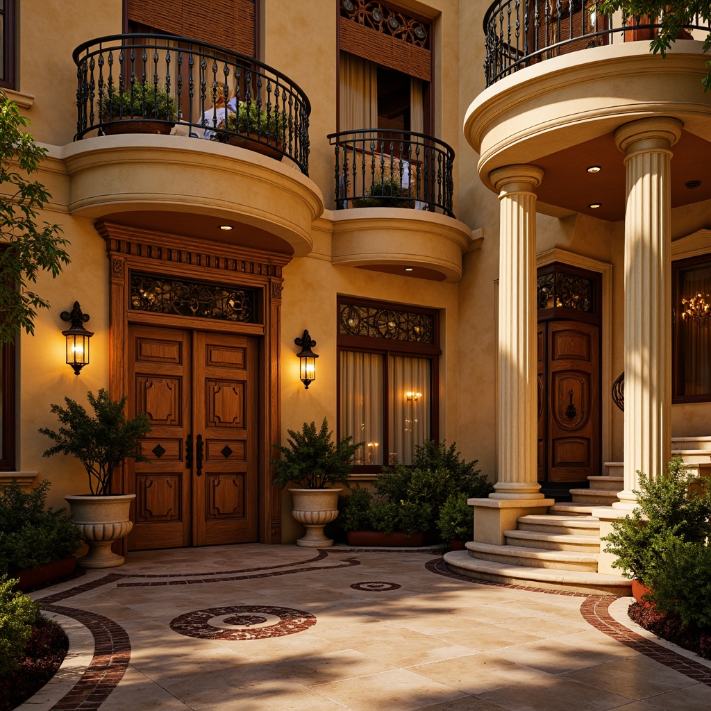 Prompt: Richly ornate residential facade, warm golden stucco walls, intricately carved wooden doors, grandiose balconies with twisted metal railings, lavish Baroque-style decorations, soft cream-colored marble columns, elegant curved lines, opulent crystal chandeliers, luxurious velvet drapes, rich jewel-toned furnishings, warm candlelight ambiance, shallow depth of field, 1/2 composition, warm golden lighting, realistic textures, ambient occlusion.