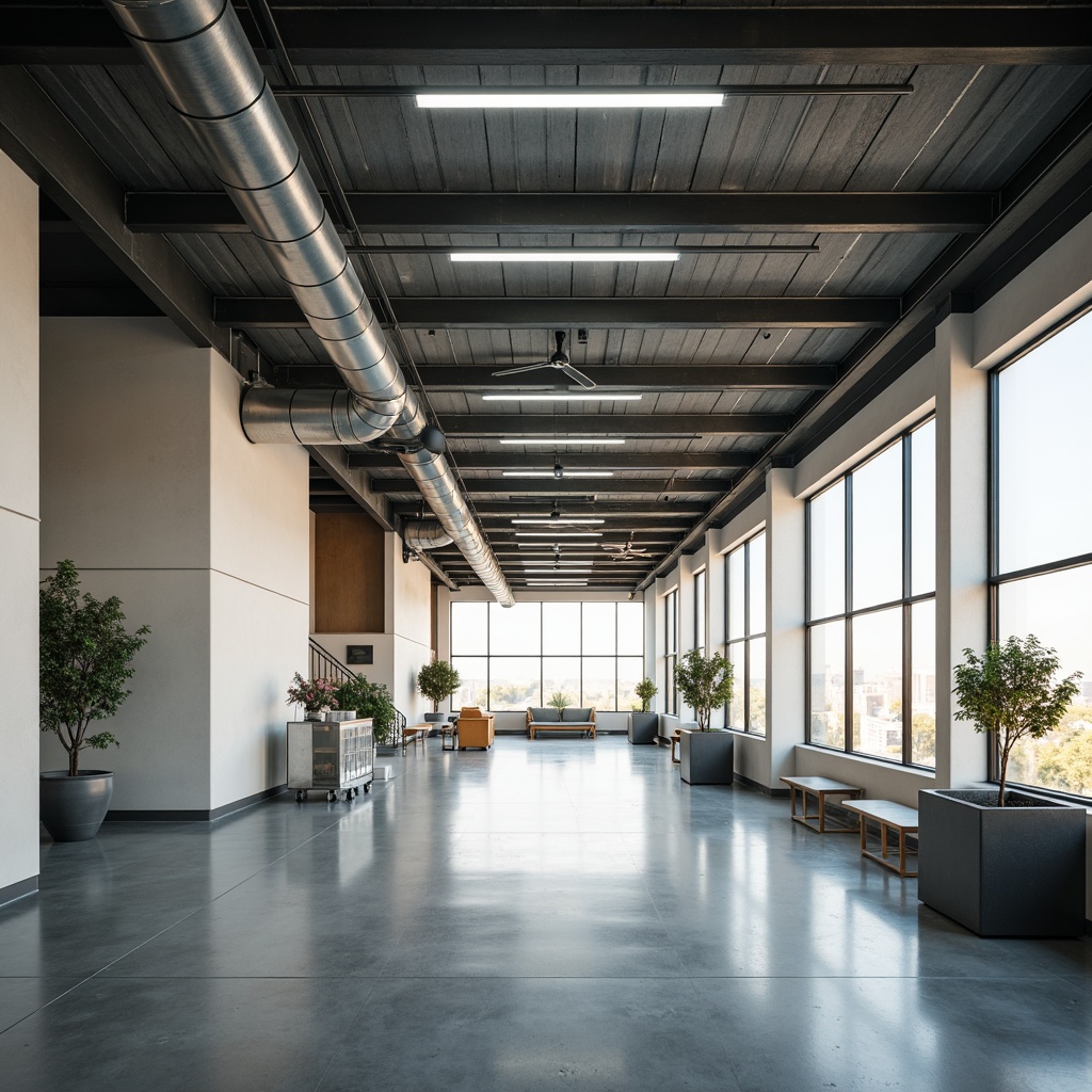 Prompt: Industrial hospital interior, exposed ductwork, polished concrete floors, metal beams, functional lighting fixtures, overhead track lights, suspended linear luminaires, LED strips, minimalist decorative elements, sterile atmosphere, high ceilings, large windows, natural light, soft warm glow, subtle color temperature, 1/1 composition, shallow depth of field, realistic textures, ambient occlusion.