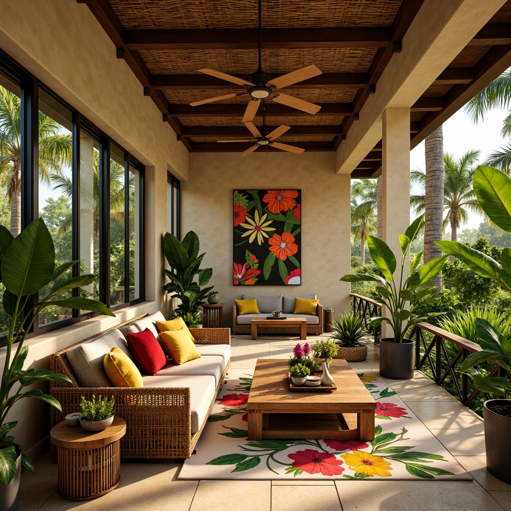 Prompt: Vibrant tropical interior, lush greenery, exotic plants, warm beige walls, natural stone accents, woven rattan furniture, hand-painted floral patterns, colorful textiles, bamboo ceiling fans, soft diffused lighting, shallow depth of field, 1/1 composition, realistic textures, ambient occlusion.