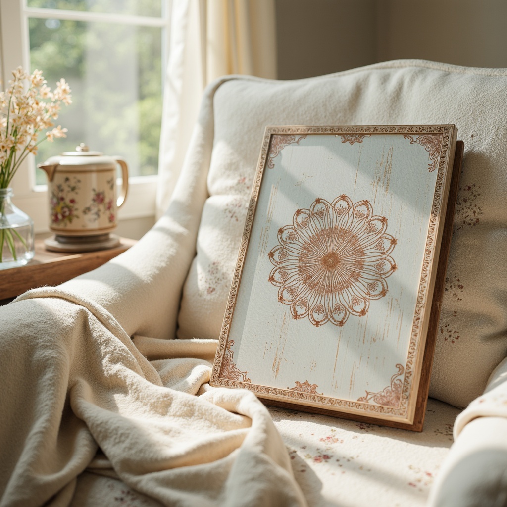 Prompt: Soft creamy whites, warm beige tones, gentle sky blues, muted dusty pinks, earthy terracotta reds, weathered wooden textures, distressed vintage fabrics, ornate golden accents, subtle lace patterns, delicate floral motifs, serene natural light, shallow depth of field, 1/2 composition, realistic rendering, ambient occlusion.