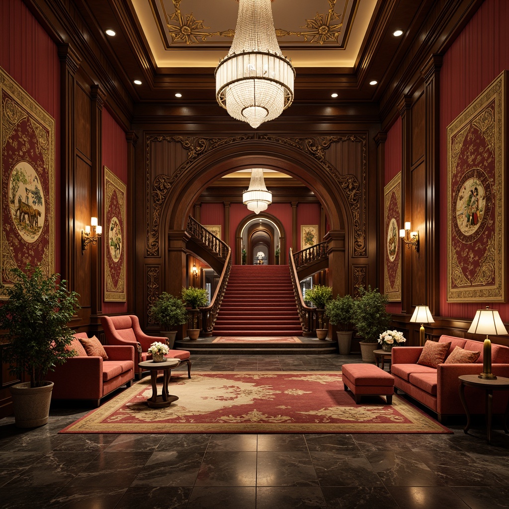 Prompt: Luxurious hotel lobby, opulent chandeliers, intricately carved wooden furniture, velvet upholstery, gilded ornaments, ornate mirrors, grand staircase, marble flooring, rich tapestries, lavish drapery, bronze door handles, Rococo-inspired patterns, golden accents, plush area rugs, stately columns, majestic archways, warm candlelight, dramatic shadows, 1/2 composition, low-key lighting, realistic textures.