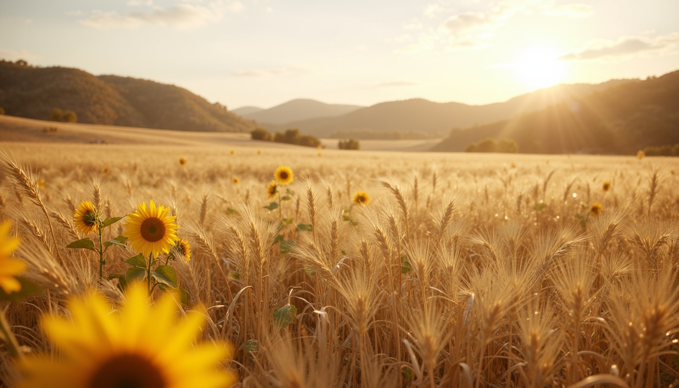 Prompt: Warm beige wheat fields, soft golden sunflowers, rustic earthy tones, natural textures, organic shapes, gentle rolling hills, serene countryside landscape, warm afternoon sunlight, soft shadows, 1/2 composition, shallow depth of field, realistic rendering, ambient occlusion, subtle color gradations, harmonious color palette.