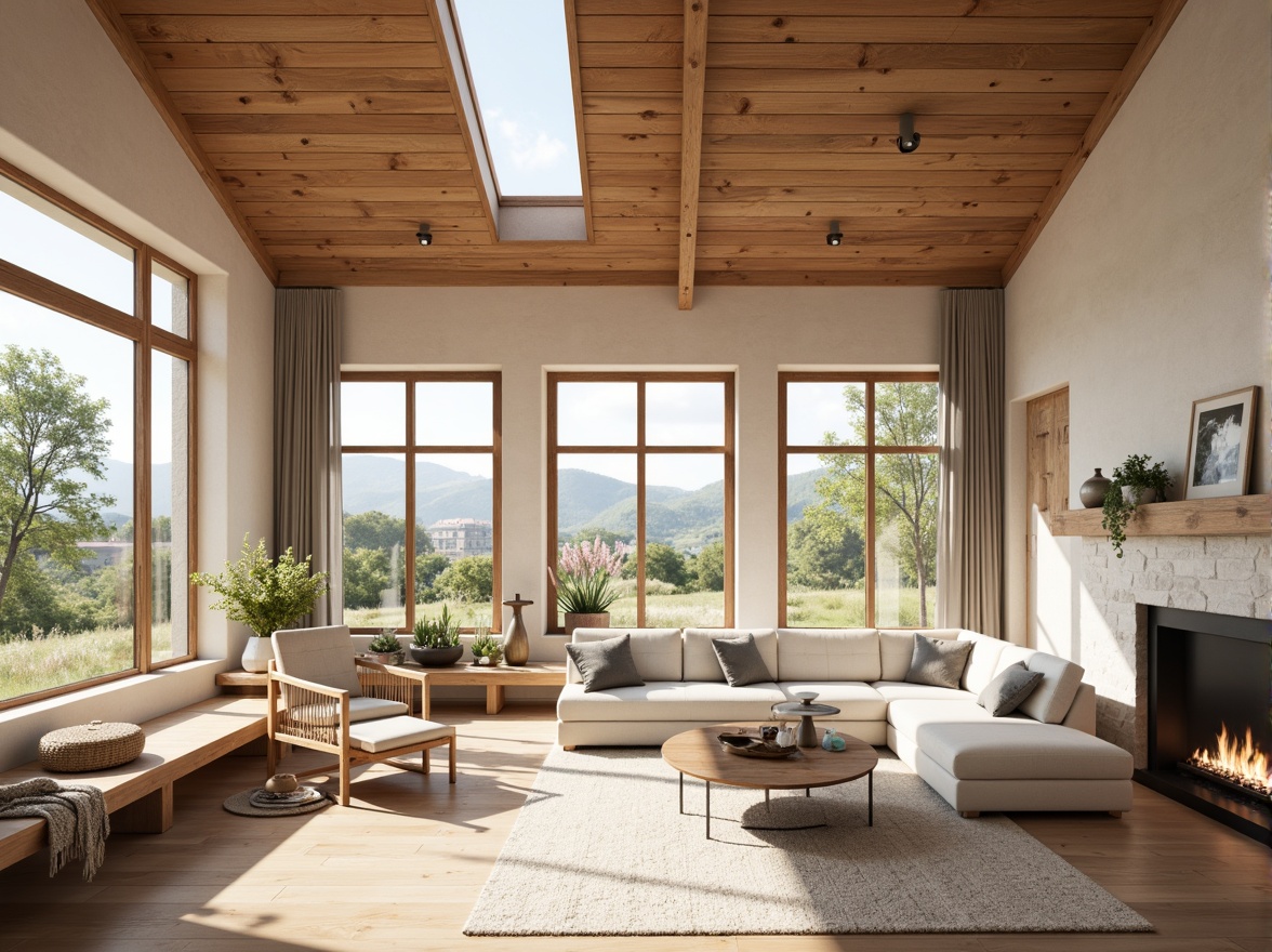 Prompt: Bright Nordic interior, vast windows, minimal ornamentation, light wood tones, natural textiles, cozy atmosphere, soft warm lighting, indirect sunlight, clerestory windows, skylights, open floor plans, functional simplicity, rustic accents, wooden beams, stone walls, earthy color palette, serene ambiance, gentle shadows, 1/1 composition, realistic rendering, ambient occlusion.