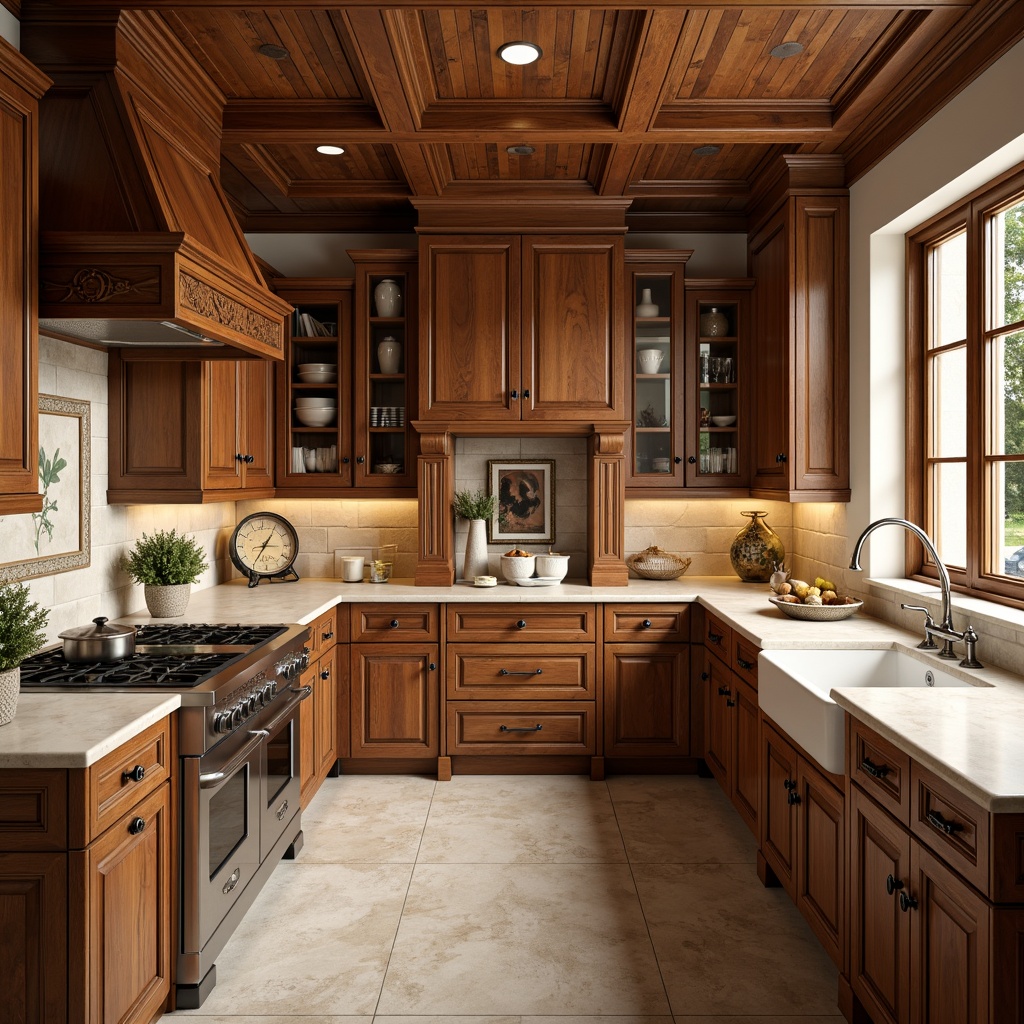 Prompt: Rich wood tones, ornate carvings, decorative moldings, classic crown molding, soft-close drawers, raised-panel doors, warm beige countertops, creamy white cabinetry, distressed finishes, vintage hardware, traditional kitchen layout, warm ambient lighting, natural stone backsplash, earthy color palette, 3/4 composition, shallow depth of field, realistic textures.