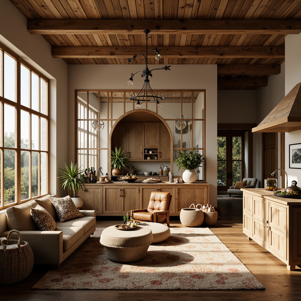 Prompt: Rustic farmhouse, Art Deco accents, warm earthy tones, soft creams, weathered woods, vintage metal fixtures, geometric patterns, ornate details, luxurious velvets, rich leathers, distressed finishes, natural textiles, woven baskets, antique furnishings, soft golden lighting, shallow depth of field, 2/3 composition, realistic textures, ambient occlusion.