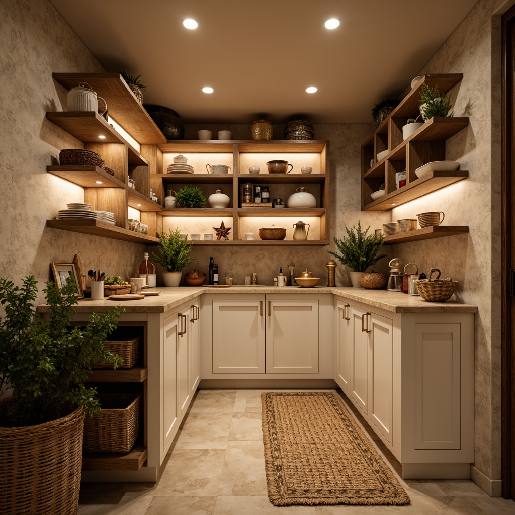 Prompt: Cozy pantry, warm ambiance, soft LED lighting, recessed ceiling lights, under-cabinet task lighting, ambient shelf illumination, frosted glass pendant lights, rustic wooden shelves, earthy tone ceramics, woven basket storage, natural stone countertops, creamy white cabinetry, bronze hardware, aromatic spices, fresh herbs, warm beige walls, inviting atmosphere, 1/1 composition, softbox lighting, realistic textures, subtle shadows.