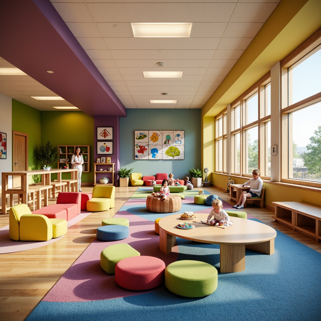 Prompt: Vibrant kindergarten interior, playful color scheme, soft cushions, rounded edges, ergonomic chairs, interactive tables, educational wall decorations, stimulating lighting, acoustic panels, natural wood accents, flexible modular furniture, cozy reading nooks, sensory play areas, creative art stations, collaborative learning spaces, adaptive technology integration, child-friendly materials, safety-first design approach, gentle curves, whimsical illustrations, textured rugs, airy atmosphere, morning sunlight, shallow depth of field, 1/2 composition.