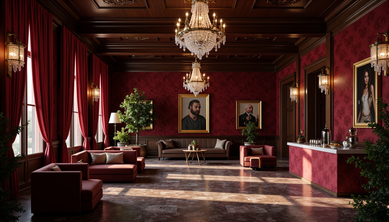 Prompt: Rich burgundy walls, luxurious velvet fabrics, dark wood accents, ornate gold fixtures, crystal chandeliers, elegant marble floors, soft warm lighting, intimate atmosphere, classic European design, sophisticated color scheme, deep red wine tones, rich brown leather upholstery, subtle sheen textures, dramatic high ceilings, lavish drapery, opulent furnishings, 1/1 composition, shallow depth of field, realistic reflections.