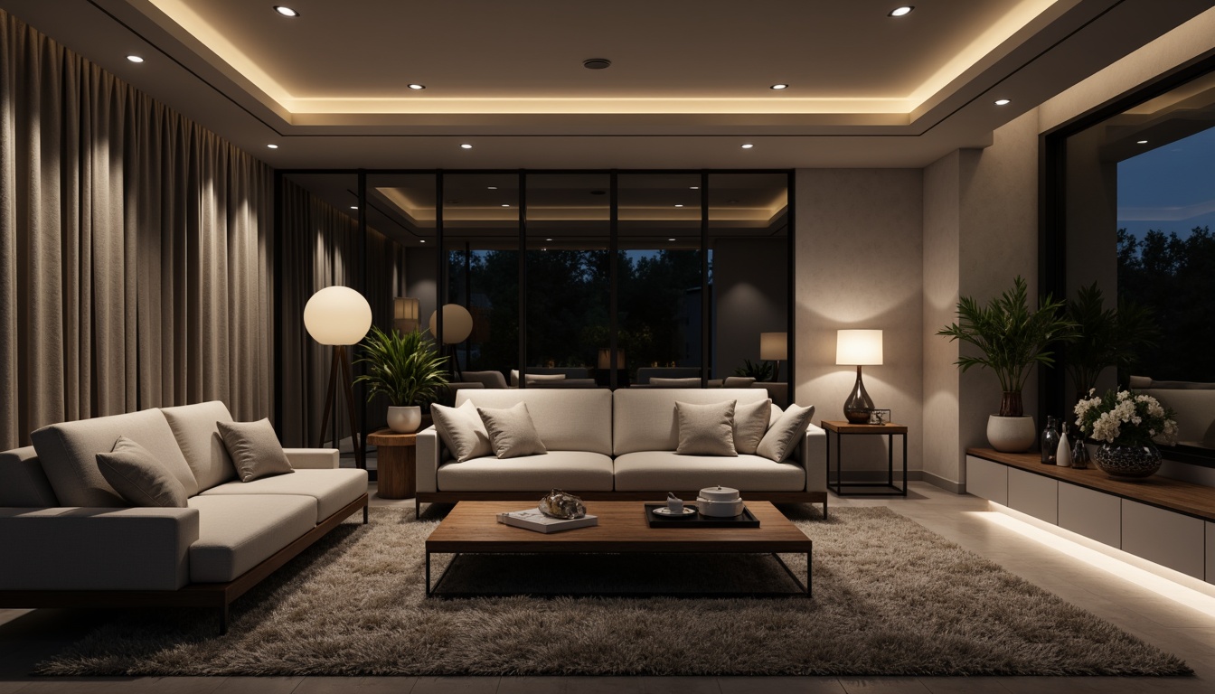 Prompt: Modern living room, sleek lines, minimalist decor, monochromatic color scheme, recessed lighting, floor lamps, table lamps, pendant lights, chrome finishes, frosted glass shades, adjustable armatures, energy-efficient LED bulbs, warm soft glow, layered lighting effects, 3/4 composition, shallow depth of field, realistic textures, ambient occlusion.