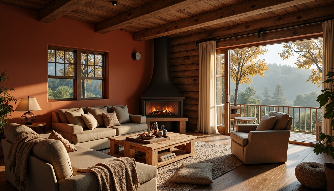 Prompt: Cozy cabin, rustic wooden accents, earthy terracotta walls, warm beige furniture, soft golden lighting, plush throw blankets, crackling fireplace, autumnal forest surroundings, misty morning atmosphere, shallow depth of field, 1/1 composition, realistic textures, ambient occlusion.