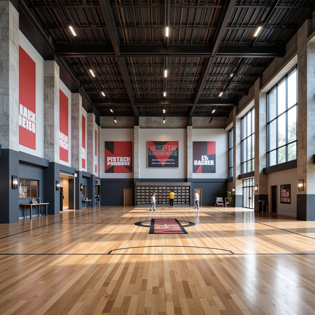 Prompt: Modern gymnasium interior, polished wooden floors, matte-finish walls, athletic branding colors, inspirational quotes, motivational graphics, trophy displays, sleek metal beams, industrial-style lighting fixtures, high ceilings, open spaces, dynamic acoustics, sound-absorbing panels, textured concrete columns, bold color accents, energetic ambiance, natural light pouring in, large windows, minimalist design, functional layout, athletic equipment silhouettes.