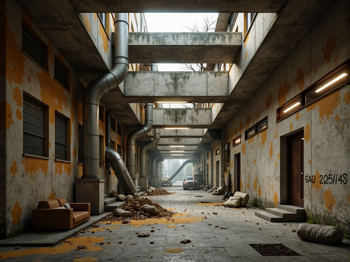 Prompt: Gritty brutalist architecture, rough concrete textures, exposed ductwork, industrial metal beams, raw unfinished surfaces, muted earthy tones, cold grey accents, warm beige undertones, vibrant pops of orange and yellow, atmospheric mist, dramatic backlighting, high contrast ratios, 1/1 composition, low-angle shot, realistic rendering, ambient occlusion.