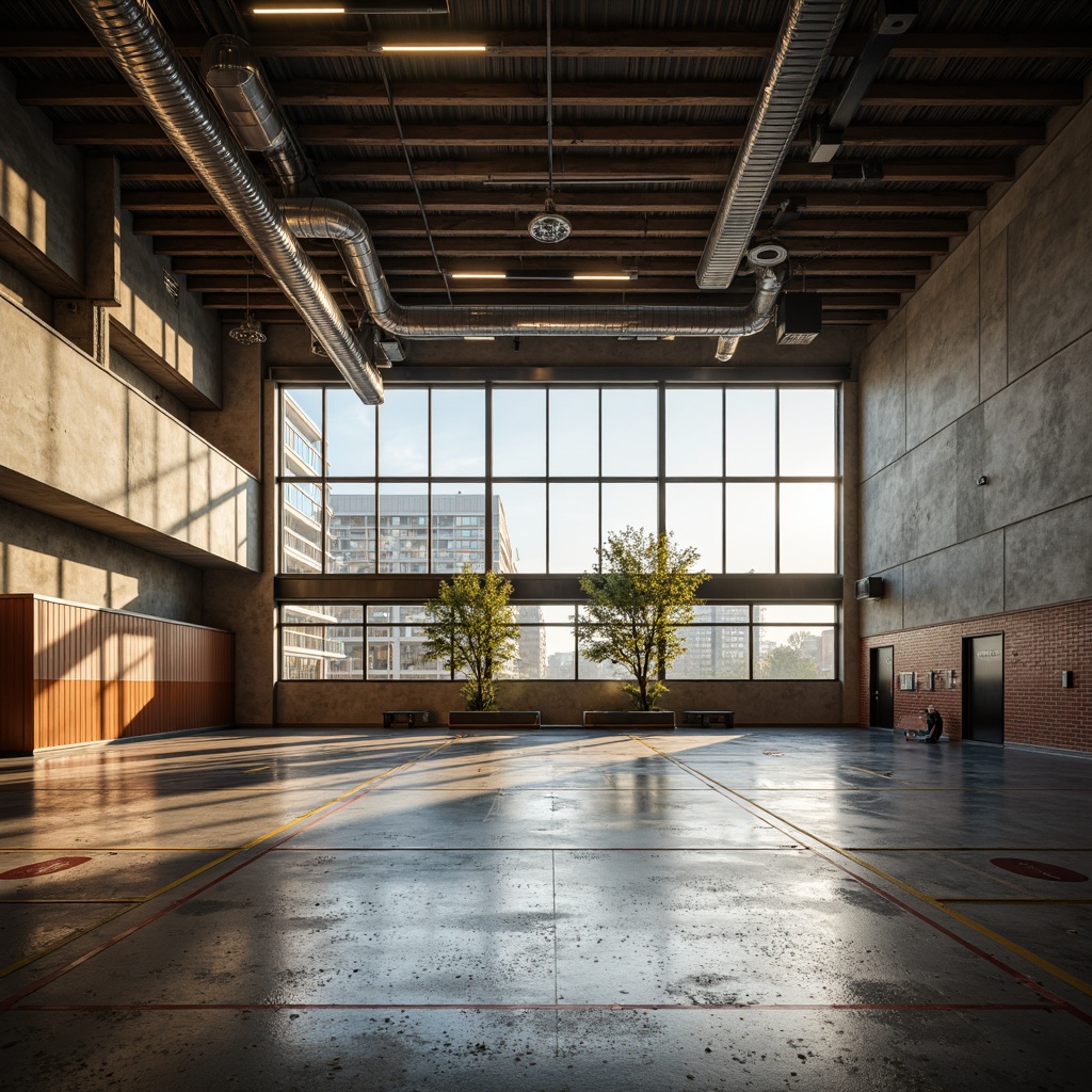 Prompt: Modern gymnasium interior, high ceilings, exposed ductwork, polished concrete floors, suspended LED lights, warm color temperature, softbox lighting, diffused natural light, floor-to-ceiling windows, urban industrial aesthetic, metallic accents, dynamic shadows, 1/2 composition, low-angle shots, atmospheric glow, realistic reflections, subtle color grading.