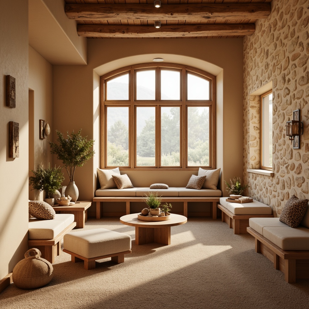 Prompt: Warm beige walls, soft natural stone textures, rustic wooden accents, plush carpeting, gentle cream-colored paint, earthy terracotta tones, cozy nooks, ambient warm lighting, intimate scale, inviting window seats, comfortable built-in banquettes, calming color palette, textured wallpaper, organic materiality, nature-inspired patterns, soothing ambiance, relaxing atmosphere, serene mood.