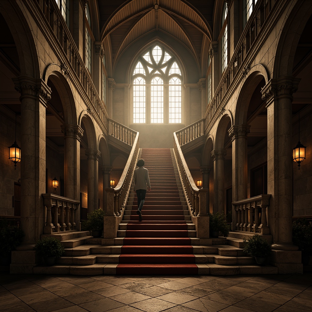 Prompt: Grandiose Gothic staircase, ornate archways, ribbed vaults, intricate stone carvings, pointed lancet windows, richly toned wooden banisters, mystical ambiance, dramatic shadows, warm golden lighting, atmospheric fog effects, cinematic camera angles, 1/1 composition, high contrast ratio, detailed textures, ambient occlusion.Let me know if you need any adjustments!