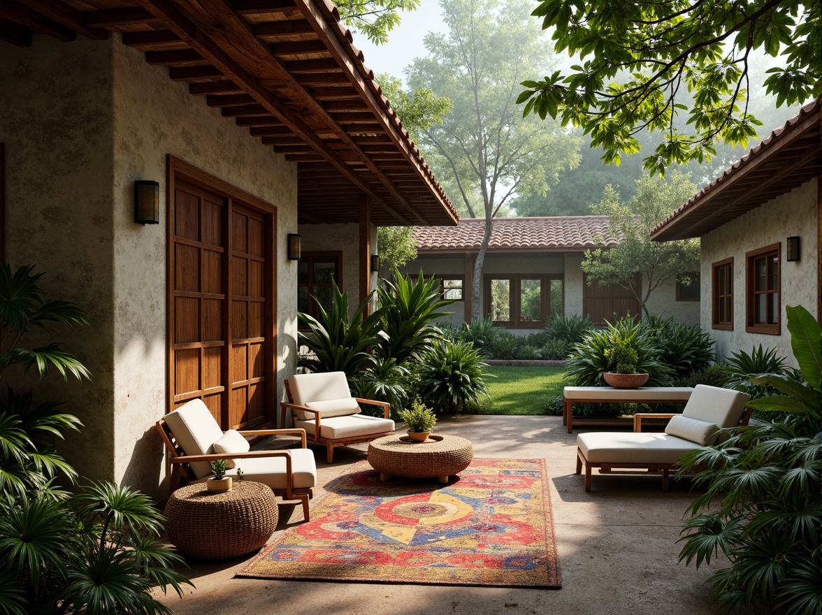 Prompt: Tropical monastery, lush greenery, natural stone walls, wooden accents, rustic doors, terracotta roofing, vibrant colorful textiles, intricate geometric patterns, woven bamboo furniture, rattan decor, reclaimed wood floors, earthy tone colors, warm soft lighting, misty atmosphere, overgrown vegetation, serene ambiance, 1/1 composition, realistic textures, ambient occlusion.