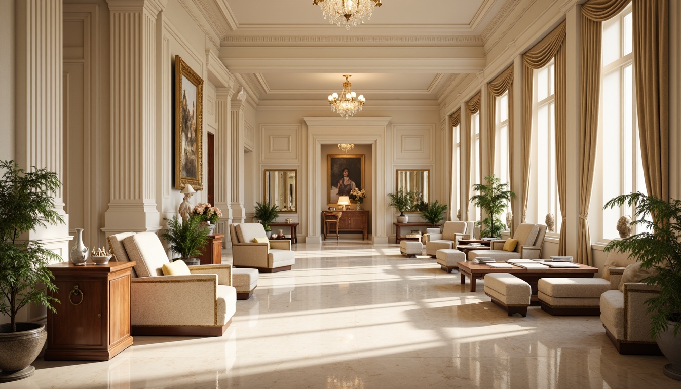 Prompt: Elegant neoclassical interior, cream marble floors, ornate moldings, gilded details, soft beige walls, rich walnut wood furniture, luxurious velvet fabrics, subtle gold accents, crystal chandeliers, refined lines, symmetrical composition, warm ambient lighting, shallow depth of field, 2/3 composition, realistic textures, atmospheric perspective.