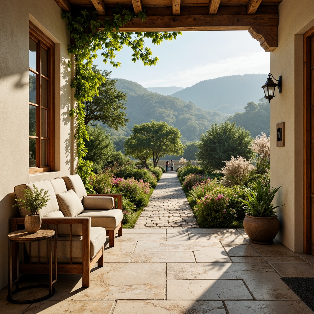 Prompt: Rustic French country estate, distressed wood accents, soft cream walls, warm beige floors, vintage decor, ornate metalwork, lush greenery, blooming flowers, natural stone pathways, rolling hills, sunny afternoon, soft warm lighting, atmospheric mist, 1/2 composition, intimate view, realistic textures, subtle ambient occlusion.Please let me know if this meets your requirements!