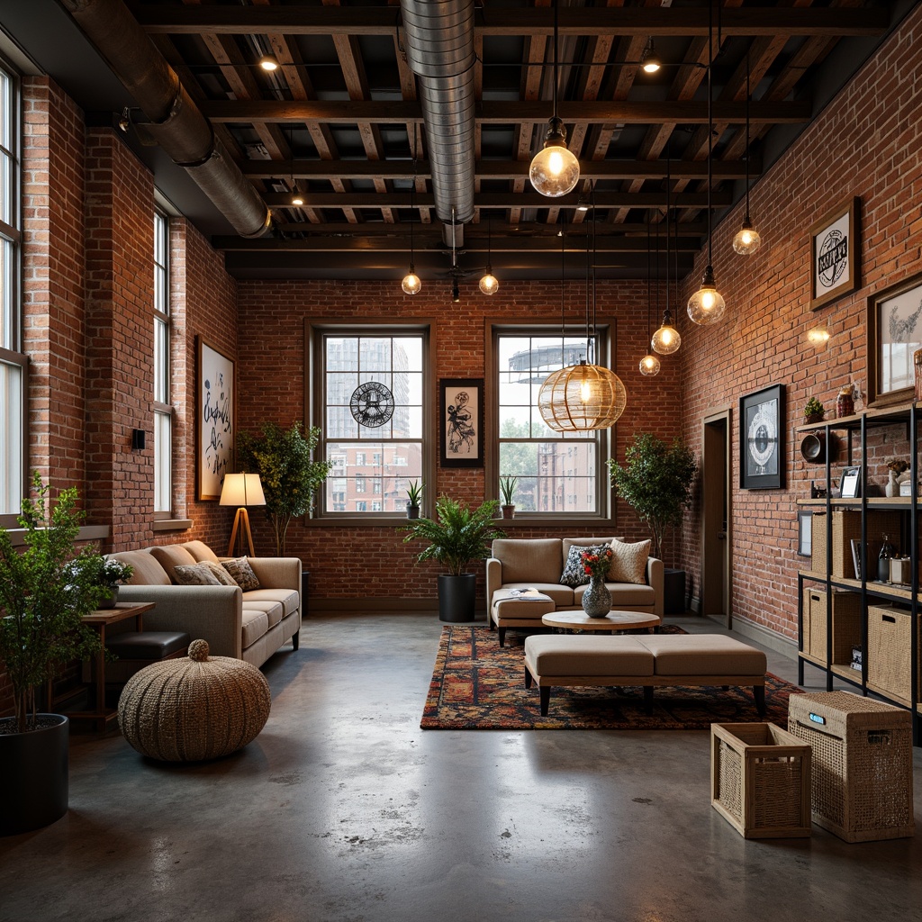 Prompt: Exposed brick walls, industrial-style metal beams, reclaimed wood accents, vintage factory lights, metal pendant lamps, Edison bulb fixtures, distressed wooden crates, urban loft atmosphere, eclectic decorative items, modern minimalist furniture, bold color schemes, abstract artwork, metal ladder shelving, concrete flooring, oversized industrial clocks, functional storage bins, rustic metal lanterns, warm cozy ambiance, softbox lighting, 3/4 composition, shallow depth of field.