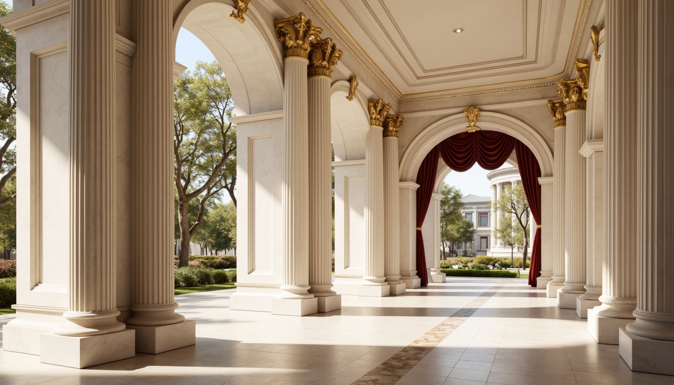 Prompt: Ornate column capitals, fluted shafts, carved ornamental details, richly veined marble, creamy white stone, soft warm lighting, elegant curves, refined proportions, luxurious fabrics, velvet drapes, intricate molding, gilded accents, subtle arches, symmetrical composition, neutral color palette, subtle texture variations, realistic reflections, ambient occlusion.