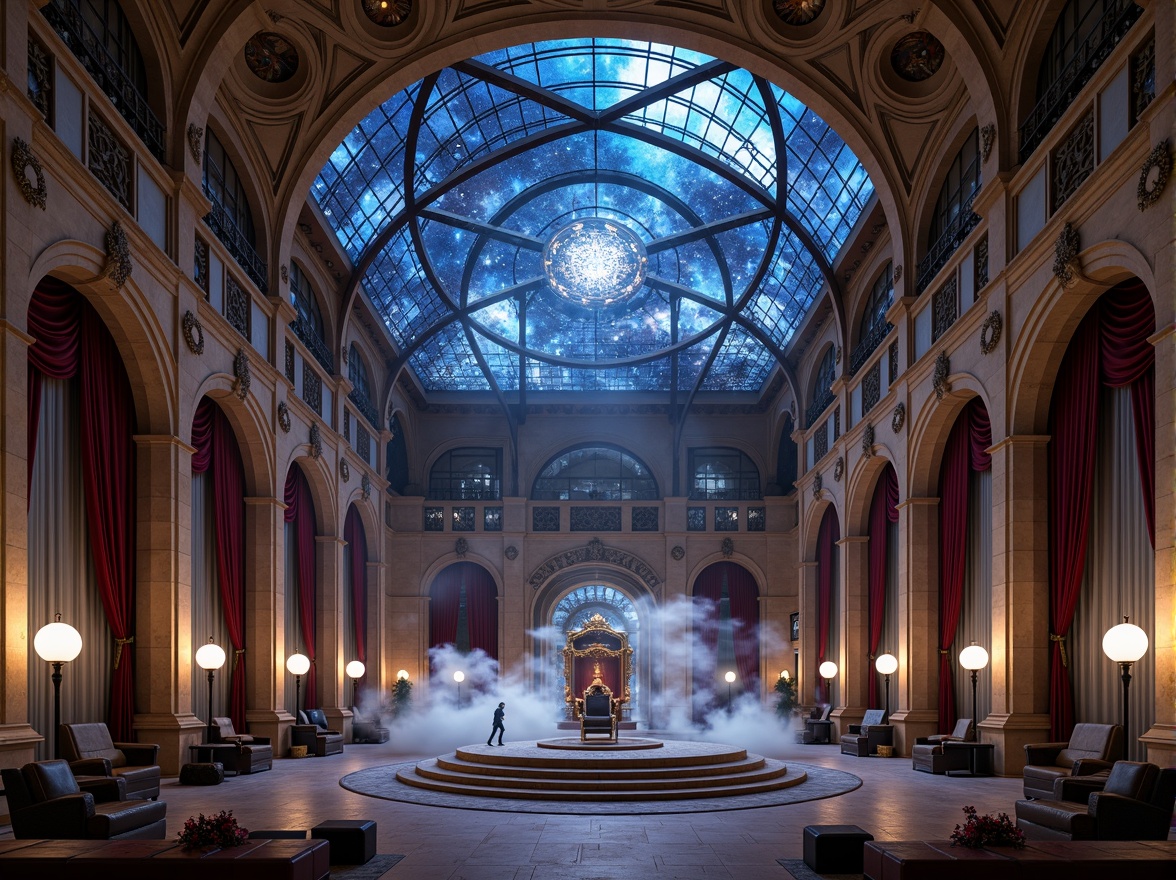 Prompt: Celestial planetarium, grand archways, intricately carved stonework, vaulted ceilings, stained glass skylights, majestic columns, ornate ironwork, mystical astronomy-inspired murals, rich velvet drapes, regal throne-like seating, starry night sky projections, soft ethereal lighting, dramatic shadows, 1/1 composition, symmetrical framing, realistic renderings, atmospheric fog effects.