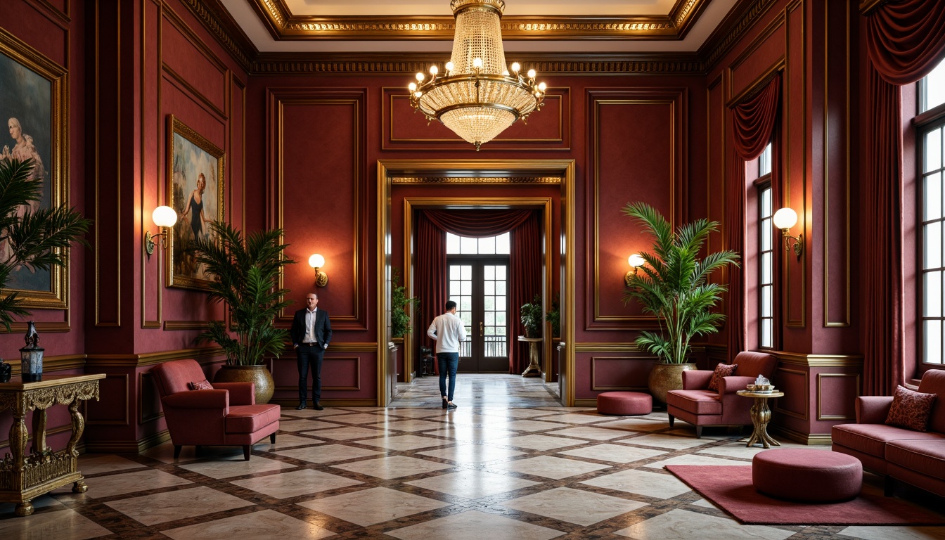 Prompt: Grand entrance hall, eclectic style, maroon walls, ornate golden frames, patterned marble floors, velvet drapes, luxurious chandeliers, lavish furnishings, intricate carvings, statement art pieces, rich textures, warm ambient lighting, shallow depth of field, 1/1 composition, dramatic camera angles, realistic reflections.