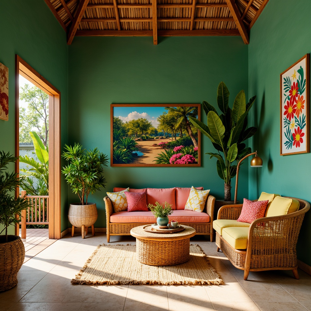 Prompt: Vibrant tropical interior, lush green walls, warm beige floors, natural wood accents, woven rattan furniture, colorful tassel decorations, exotic floral patterns, bright coral hues, sunny yellow shades, turquoise blue tones, creamy white textures, soft golden lighting, shallow depth of field, 1/2 composition, realistic reflections, ambient occlusion.