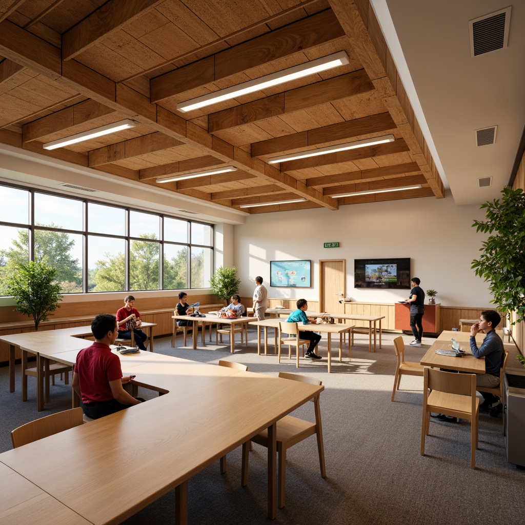 Prompt: Cozy classrooms, wooden acoustic panels, sound-absorbing materials, gentle curves, earthy tones, natural light, open floor plans, collaborative learning spaces, comfortable seating areas, interactive whiteboards, educational displays, musical instruments, soft carpeting, warm color schemes, subtle textures, ambient lighting, shallow depth of field, 3/4 composition, panoramic view, realistic renderings, ambient occlusion.