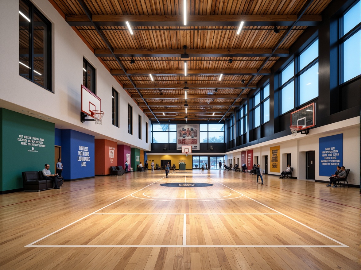 Prompt: Modern gymnasium interior, high ceilings, polished wood floors, vibrant color schemes, dynamic lighting systems, suspended LED lights, indirect warm glow, softbox diffusers, track lighting, floor lamps, energy-efficient solutions, natural daylight, clerestory windows, transparent glass partitions, athletic equipment, basketball hoops, tennis courts, running tracks, motivational quotes, inspirational posters, minimalist decor, functional spaces, open layouts, airy atmospheres, subtle color contrasts, realistic textures, ambient occlusion.